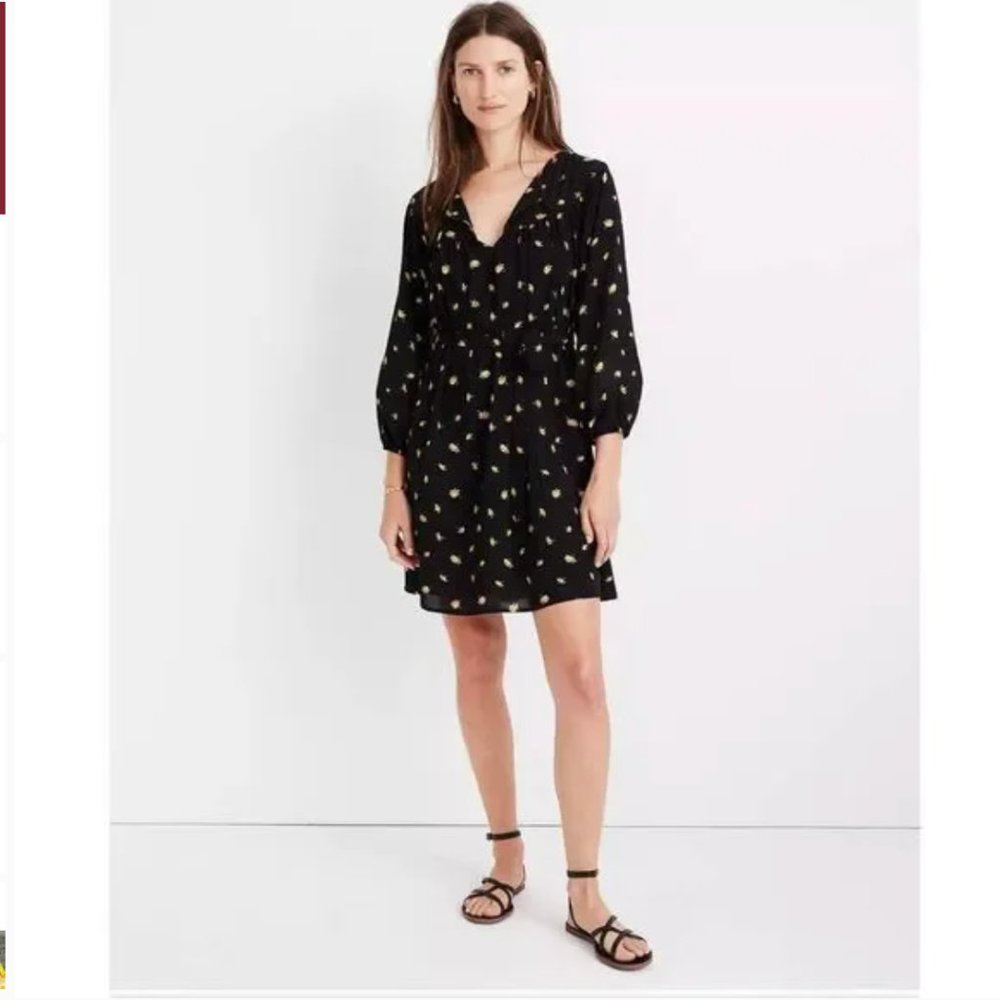 Madewell Black Tie-Waist Mini Dress in French Daisies Size S